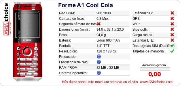 Forme A1 Cool Cola Datos técnicos del móvil 