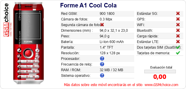 Forme A1 Cool Cola Datos técnicos del móvil 