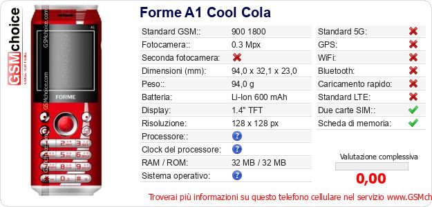 Forme A1 Cool Cola Dati tecnici di telefono cellulare Forme A1 Cool Cola Dati tecnici di telefono cellulare