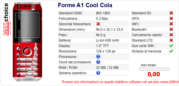 Forme A1 Cool Cola Dati tecnici di telefono cellulare Forme A1 Cool Cola Dati tecnici di telefono cellulare