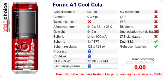 Forme A1 Cool Cola Technische gegevens 