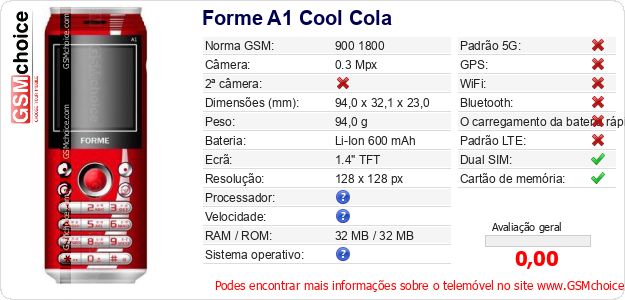 Forme A1 Cool Cola Especificações técnicas do telemóvel Forme A1 Cool Cola Especificações técnicas do telemóvel