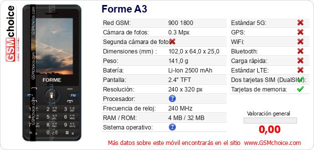 Forme A3 Datos técnicos del móvil 