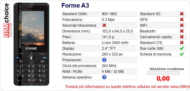 Forme A3 Dati tecnici di telefono cellulare 