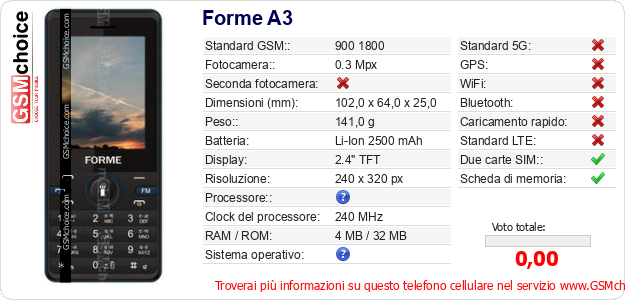 Forme A3 Dati tecnici di telefono cellulare 