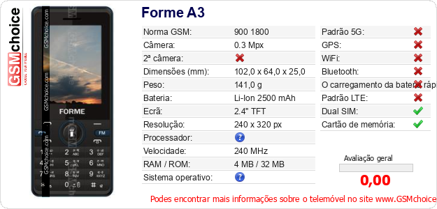 Forme A3 Especificações técnicas do telemóvel 