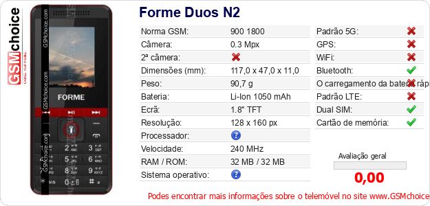 Forme Duos N2 Especificações técnicas do telemóvel Forme Duos N2 Especificações técnicas do telemóvel