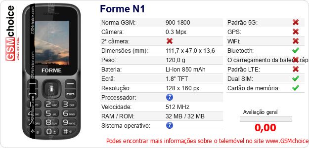 Forme N1 Especificações técnicas do telemóvel 