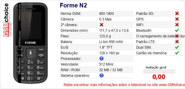 Forme N2 Especificações técnicas do telemóvel Forme N2 Especificações técnicas do telemóvel