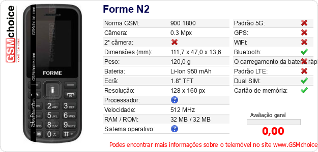 Forme N2 Especificações técnicas do telemóvel 