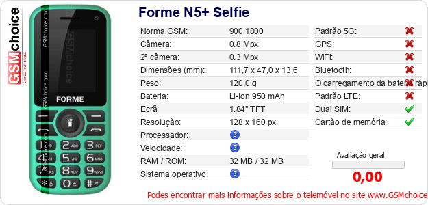Forme N5+ Selfie Especificações técnicas do telemóvel 