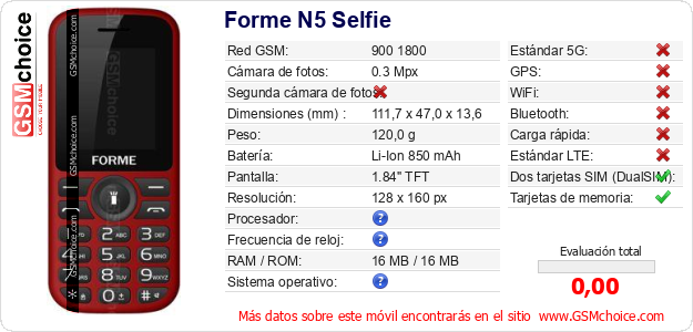 Forme N5 Selfie Datos técnicos del móvil Forme N5 Selfie Datos técnicos del móvil