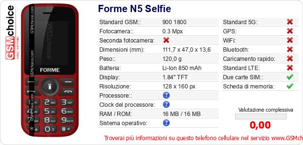 Forme N5 Selfie Dati tecnici di telefono cellulare 