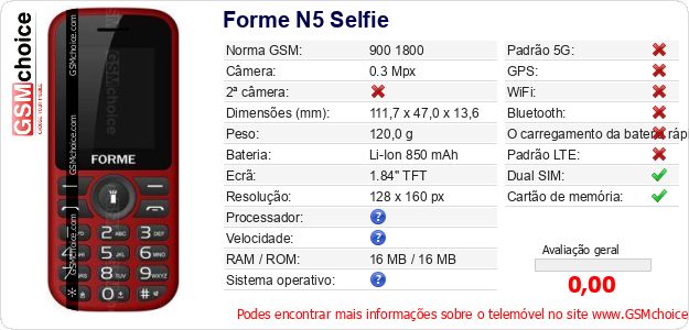 Forme N5 Selfie Especificações técnicas do telemóvel Forme N5 Selfie Especificações técnicas do telemóvel