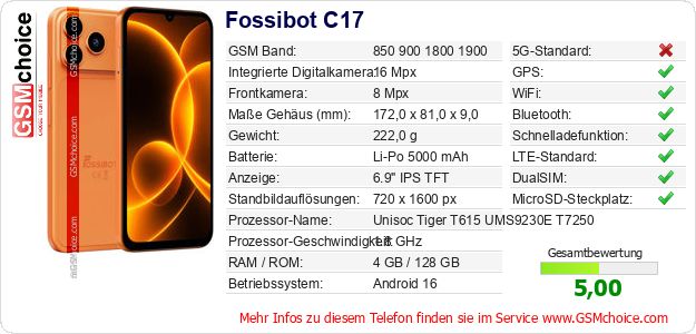 Fossibot C17 technische Daten Fossibot C17 technische Daten