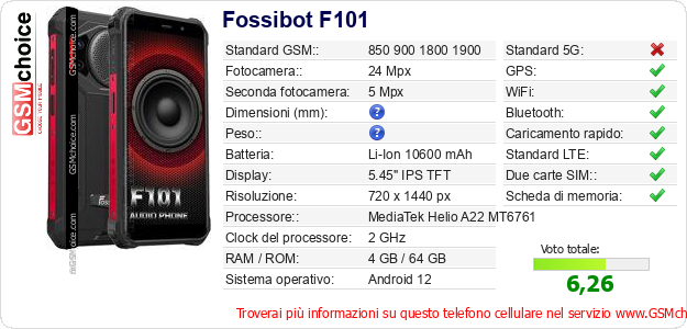 Fossibot F101 Dati tecnici di telefono cellulare Fossibot F101 Dati tecnici di telefono cellulare