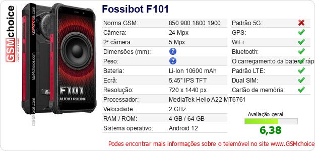 Fossibot F101 Especificações técnicas do telemóvel Fossibot F101 Especificações técnicas do telemóvel