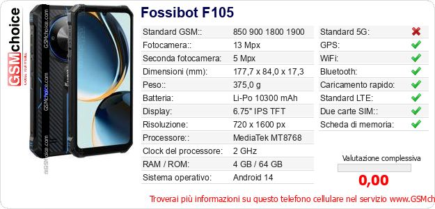 Fossibot F105 Dati tecnici di telefono cellulare Fossibot F105 Dati tecnici di telefono cellulare