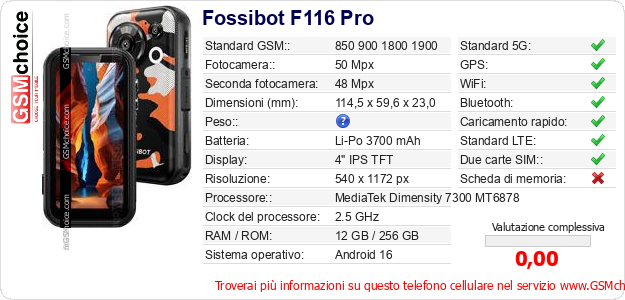 Fossibot F116 Pro Dati tecnici di telefono cellulare 