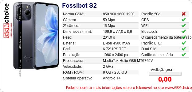 Fossibot S2 Especificações técnicas do telemóvel Fossibot S2 Especificações técnicas do telemóvel