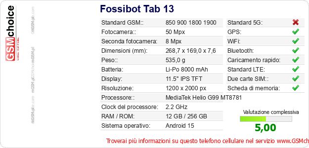 Fossibot Tab 13 Dati tecnici di telefono cellulare Fossibot Tab 13 Dati tecnici di telefono cellulare