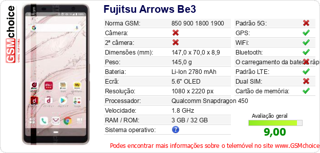 Fujitsu Arrows Be3 Especificações técnicas do telemóvel 