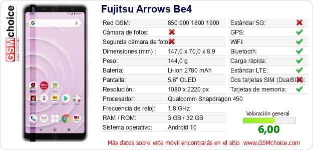 Fujitsu Arrows Be4 Datos técnicos del móvil Fujitsu Arrows Be4 Datos técnicos del móvil