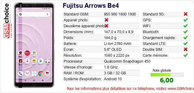 Fujitsu Arrows Be4 Fiche technique Fujitsu Arrows Be4 Fiche technique