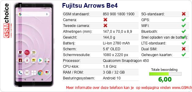 Fujitsu Arrows Be4 Technische gegevens Fujitsu Arrows Be4 Technische gegevens