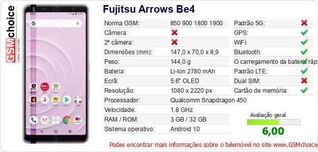 Fujitsu Arrows Be4 Especificações técnicas do telemóvel Fujitsu Arrows Be4 Especificações técnicas do telemóvel