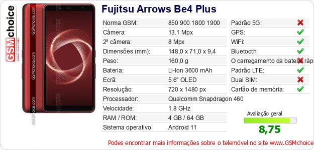 Fujitsu Arrows Be4 Plus Especificações técnicas do telemóvel Fujitsu Arrows Be4 Plus Especificações técnicas do telemóvel