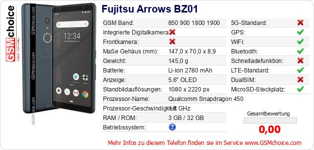 Fujitsu Arrows BZ01 technische Daten Fujitsu Arrows BZ01 technische Daten
