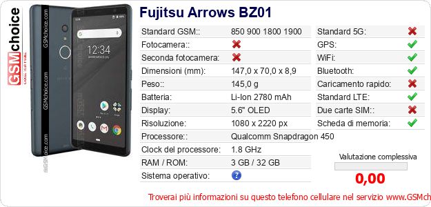 Fujitsu Arrows BZ01 Dati tecnici di telefono cellulare 
