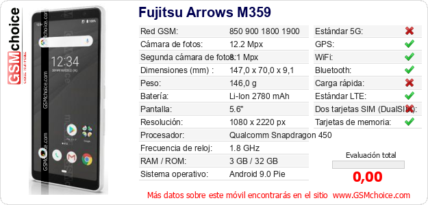 Fujitsu Arrows M359 Datos técnicos del móvil Fujitsu Arrows M359 Datos técnicos del móvil