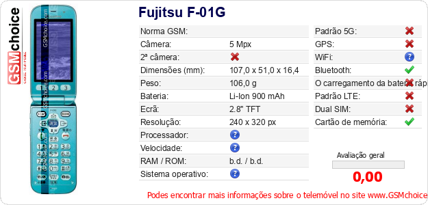Fujitsu F-01G Especificações técnicas do telemóvel Fujitsu F-01G Especificações técnicas do telemóvel