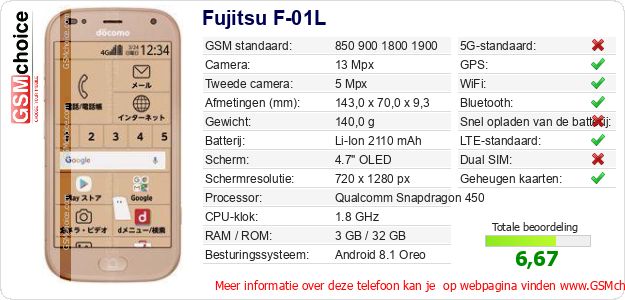 Fujitsu F-01L Technische gegevens Fujitsu F-01L Technische gegevens