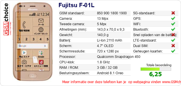 Fujitsu F-01L Technische gegevens Fujitsu F-01L Technische gegevens