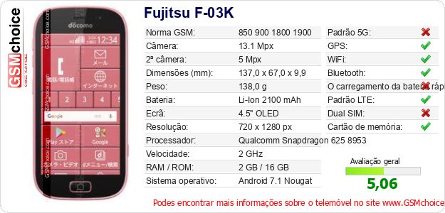 Fujitsu F-03K Especificações técnicas do telemóvel Fujitsu F-03K Especificações técnicas do telemóvel