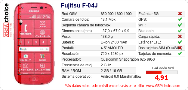 Fujitsu F-04J Datos técnicos del móvil Fujitsu F-04J Datos técnicos del móvil
