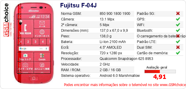 Fujitsu F-04J Especificações técnicas do telemóvel Fujitsu F-04J Especificações técnicas do telemóvel