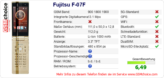 Fujitsu F-07F technische Daten Fujitsu F-07F technische Daten