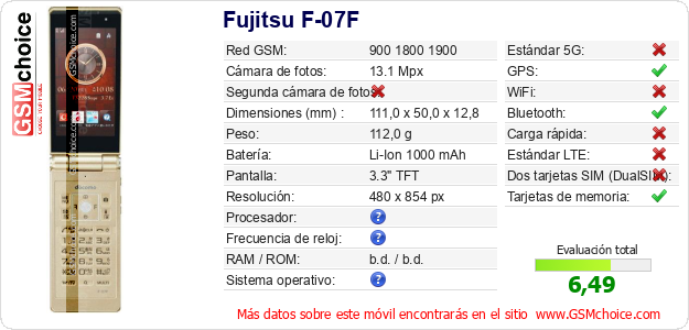 Fujitsu F-07F Datos técnicos del móvil Fujitsu F-07F Datos técnicos del móvil