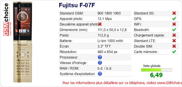 Fujitsu F-07F Fiche technique Fujitsu F-07F Fiche technique