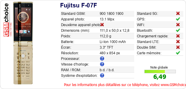 Fujitsu F-07F Fiche technique Fujitsu F-07F Fiche technique