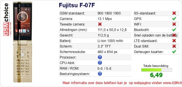 Fujitsu F-07F Technische gegevens Fujitsu F-07F Technische gegevens