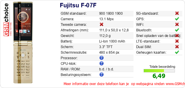 Fujitsu F-07F Technische gegevens Fujitsu F-07F Technische gegevens