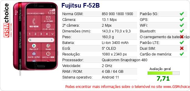 Fujitsu F-52B Especificações técnicas do telemóvel Fujitsu F-52B Especificações técnicas do telemóvel
