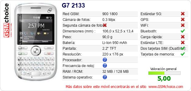 G7 2133 Datos técnicos del móvil 