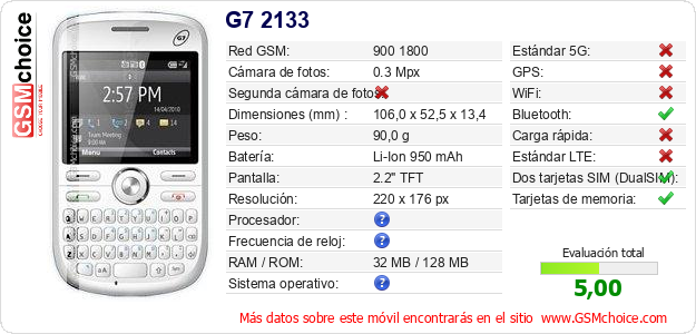 G7 2133 Datos técnicos del móvil G7 2133 Datos técnicos del móvil
