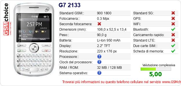 G7 2133 Dati tecnici di telefono cellulare 